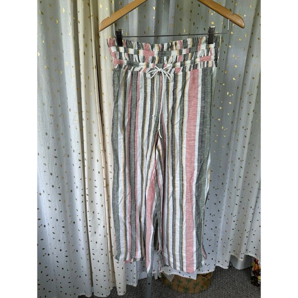 Indigo Rein Linen Blend Stripe Palazzo Wide Leg Pull On Smocked Back Midi Pants - Picture 2 of 5